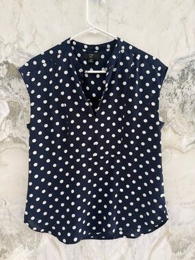 J. Crew Navy and White Polka Dot V-Neck Sleeveless Top